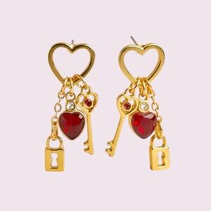 Sparkling Heart & Key Dangle Earrings – 18K Gold-Plated Rhinestone​